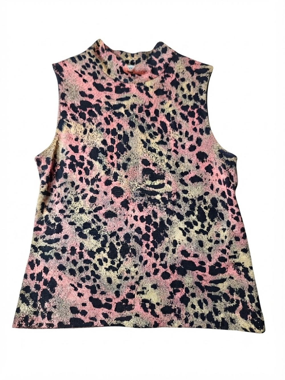 St. John Pink Black and Cream Sleeveless Mock Neck Animal-Print Top Size S